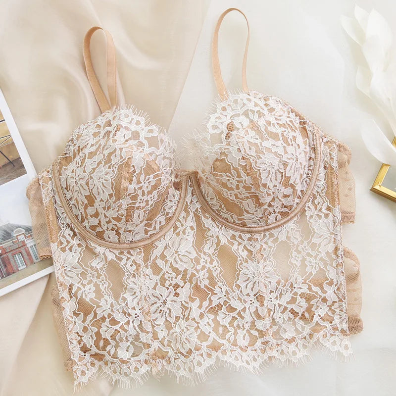 Full Lace Embroidery Ultra-Thin Transparent Intimates Push Up Pure Desire Soft Steel Ring Anti Saggging Underwear Low Waist