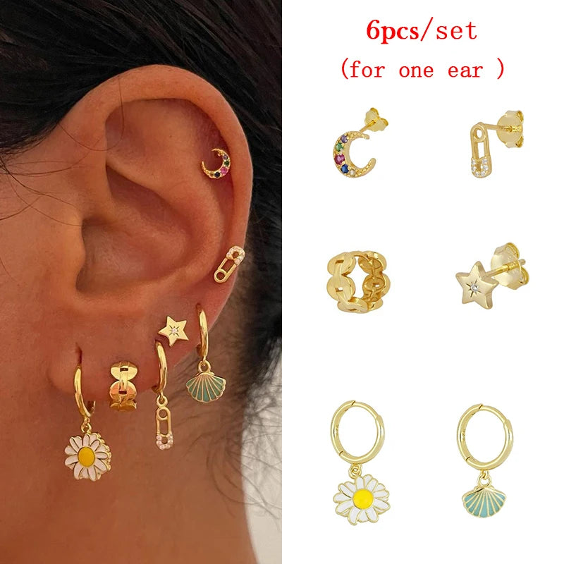 JINFU Gold Plated Earrings Set For Women Boho Style CZ Zircon Women's Clip Stud Dangle Hoop Earrings 2022 Jewelry Wholesale