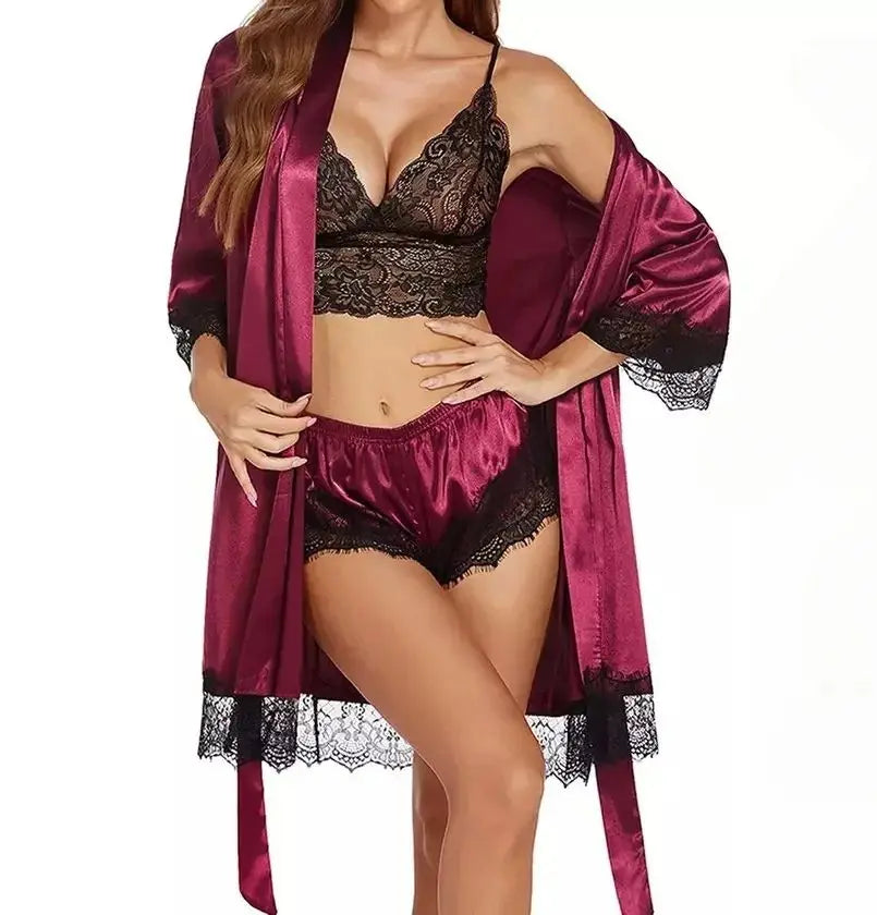 Women's Sexy Satin Lace Lingerie Set – Wine Red Nightwear with Robe , Bralette, Shorts & Panty for romantic atmosphere