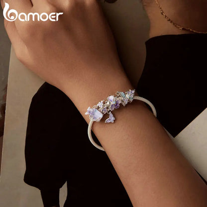 Bamoer 100% 925 Sterling Silver Romantic Crystal Butterfly Iris Charm For Women Fit Bracelet DIY Necklace Fine Jewelry Gift