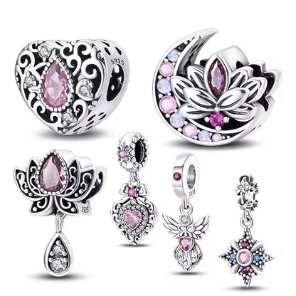 Hot Sale 925 Silver Retro Heart Shape Lotus Angel Charm Beads Fit Pandach Original DIY Bracelets Birthday Gifts Fine Jewelry