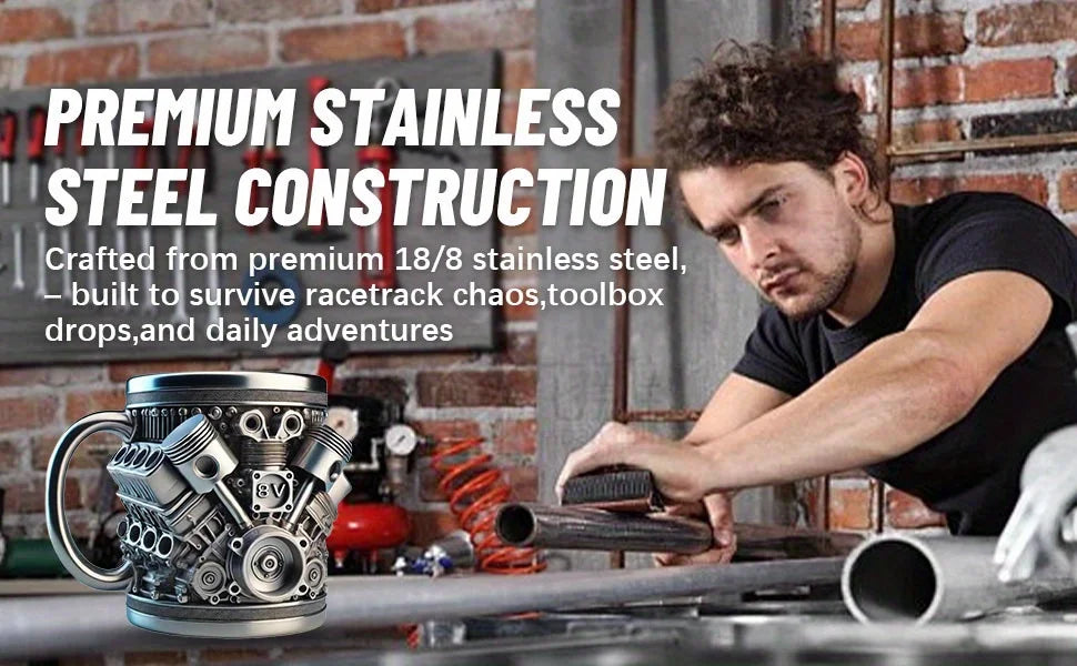 V8 Engines Stainless Steel 7 OZ Insulated Handle Coffee Mug - Creative Automotive Engine Design