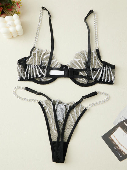 Seductive Lace Teddy with Metal Chain Detail and Matching Thong Set for Women s Erotic Lingerie Collection