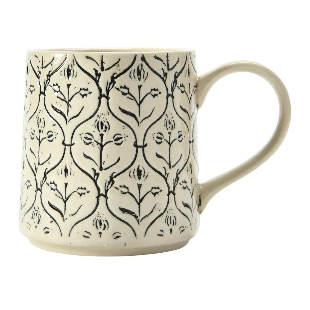 Set of 4 Artistic Stoneware Mugs Hand-Stamped Intricate Embossed Pattern