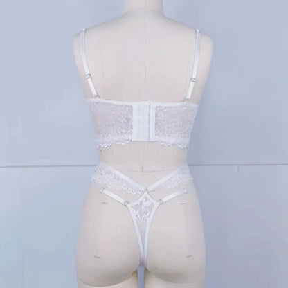 Sexy Beaded 3D Flower Hollow Out See-through Lace Up Underwear Set