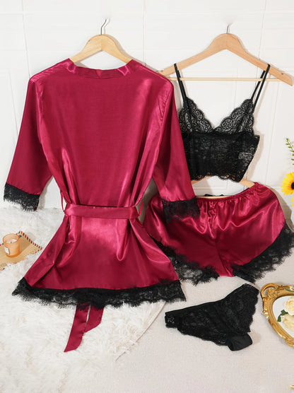4Pcs Women Satin Pajama Set Robe Lace Lingerie Sexy Silk Nightwear