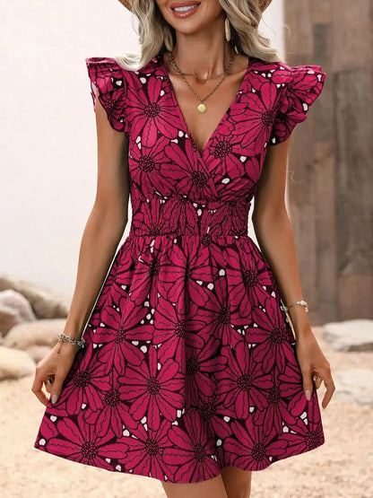V-Neck Printed Women's Mini Dress
