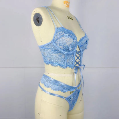 Sexy Beaded 3D Flower Hollow Out See-through Lace Up Underwear Set