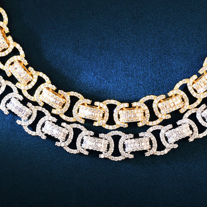 CUC 13mm Byzantine Link Chain Iced Out Cubic Zirconia Yellow Gold Color Men Hiphop Necklace Fashion Rock Jewelry