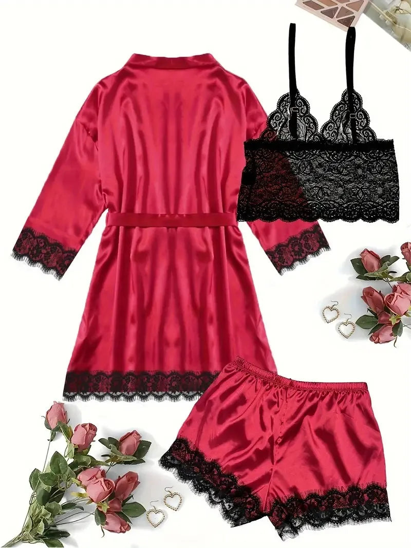 Women's Sexy Satin Lace Lingerie Set – Wine Red Nightwear with Robe , Bralette, Shorts & Panty for romantic atmosphere