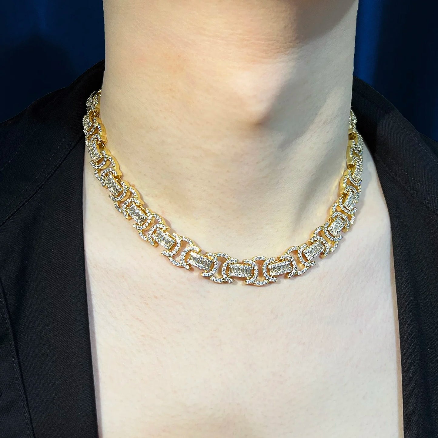 CUC 13mm Byzantine Link Chain Iced Out Cubic Zirconia Yellow Gold Color Men Hiphop Necklace Fashion Rock Jewelry