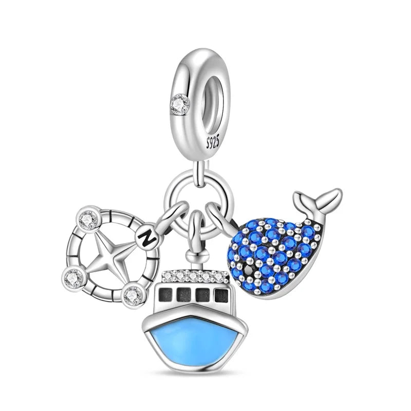 Blue Series 925 Sterling Silver Turtle,Whale & Seahorse Dangle Charm Fits Bracelet Kids Ocean Jewelry Accessories