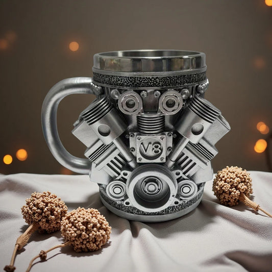 V8 Engines Stainless Steel 7 OZ Insulated Handle Coffee Mug - Creative Automotive Engine Design
