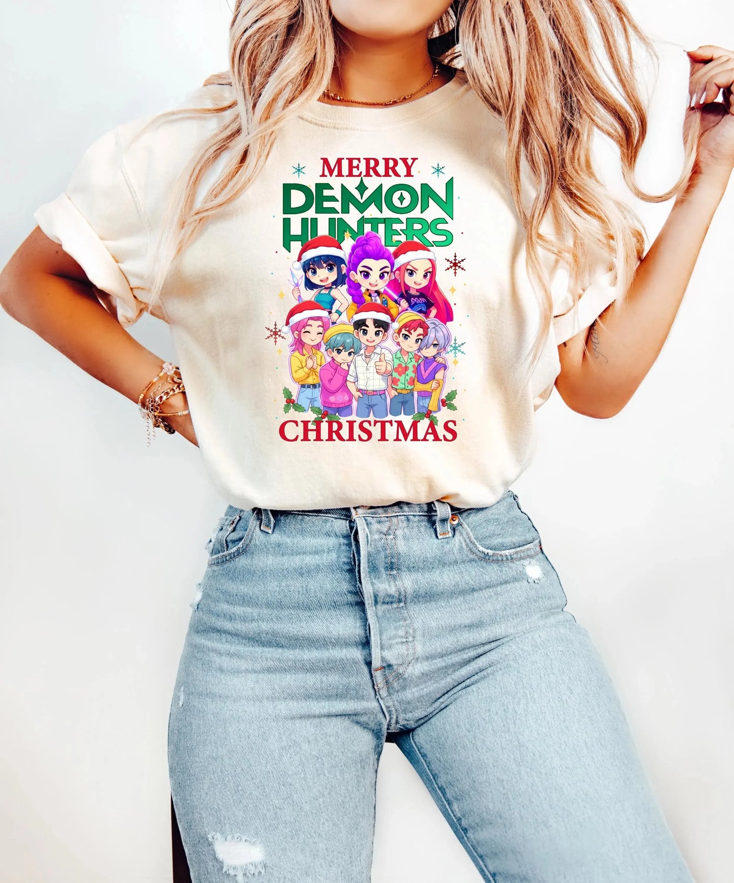 KPDH Huntrix Demon Hunters Christmas Sweatshirt, Merry Huntrix Christmas Shirt Kpop Demon Hunters Mira Rumi Derpy Tiger Shirt