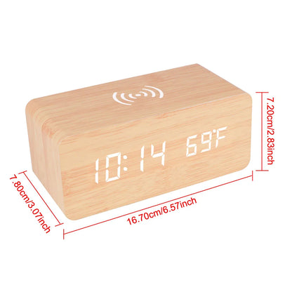 Wooden Desk Digital Clock Phone Chargers LED Display Temperature Wooden Digital Alarm Clock Wireless Charger Desk Table Clocks
