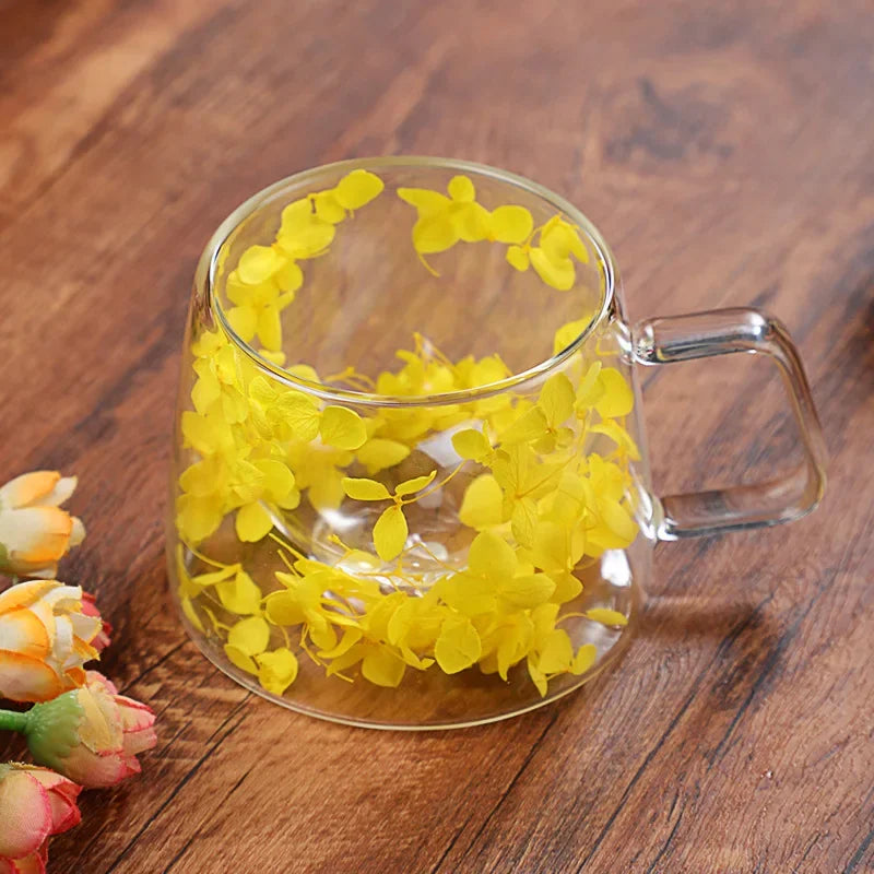 Double Wall Glass Cup 200ml Clear Flowers Pattern Milk Tea Coffee Mug with Handle Gifts Friends Home Water Cup Drinking Glasses