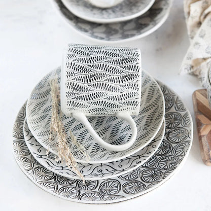 Set of 4 Artistic Stoneware Mugs Hand-Stamped Intricate Embossed Pattern