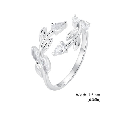 WOSTU 925 Sterling Silver Leaves Open Ring With Zircon For Women's Dating Daily Parties Fine Jewelry Gifts Dainty Trendy Jewelry