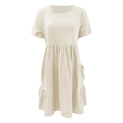 Evening Dresses Outfits Women Fashion Solid Vintage Cotton And Linen Loose Pocket Round Neck Short Sleeve