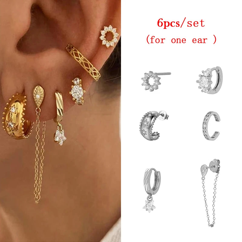 JINFU Gold Plated Earrings Set For Women Boho Style CZ Zircon Women's Clip Stud Dangle Hoop Earrings 2022 Jewelry Wholesale