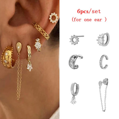 JINFU Gold Plated Earrings Set For Women Boho Style CZ Zircon Women's Clip Stud Dangle Hoop Earrings 2022 Jewelry Wholesale