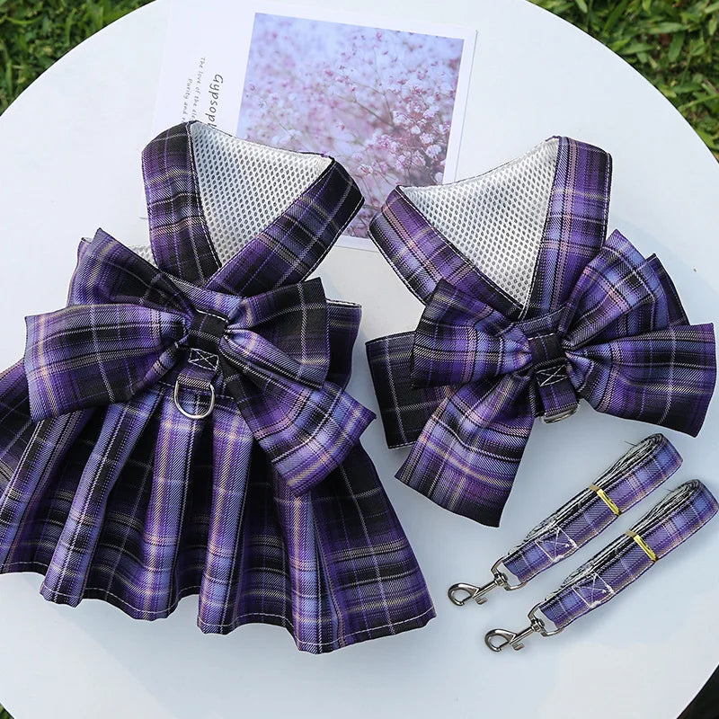 Cute Plaid Skirt Chest Strap Leash Dog Cat Vest Clothes Fighting Supplies Pet Harnesses Walking Pet Accessories Comfortable
