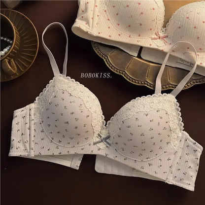 Lace Edge Sexy Lingerie Women's Small Breasts Gather No Wire Anti-Sag Bra Set