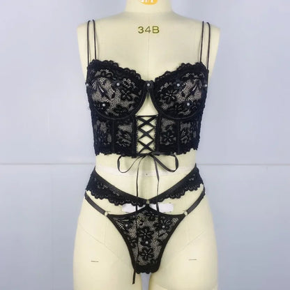 Sexy Beaded 3D Flower Hollow Out See-through Lace Up Underwear Set