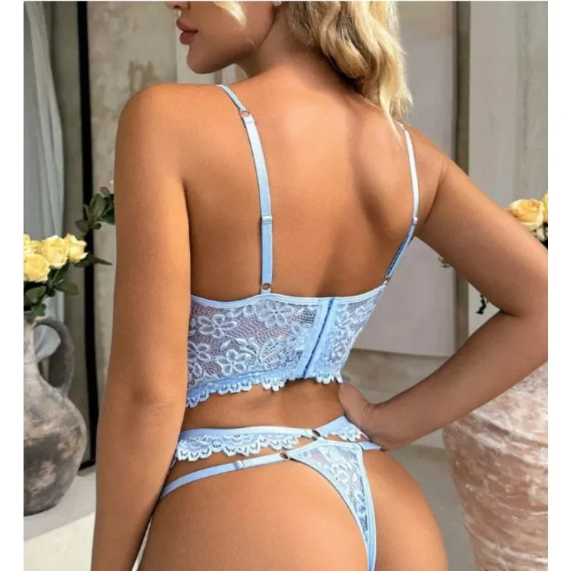 Sexy Beaded 3D Flower Hollow Out See-through Lace Up Underwear Set