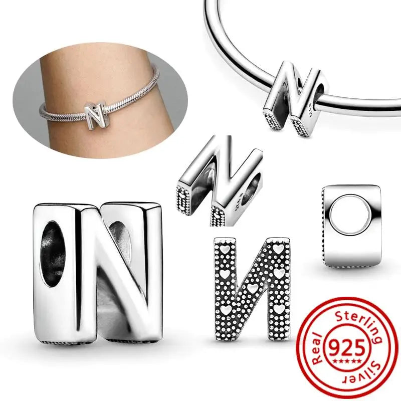 Hot Sale 100% 925 Sterling Silver 26 Letter A~Z Alphabet DIY Name Beads Fit Original  Charm Bracelet Bangles Fine Jewelry