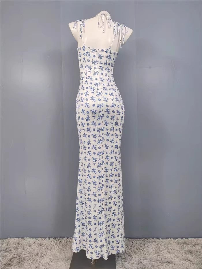 Export Pure Desire Exquisite Print Spaghetti Straps Slimming Adult Lady like Woman Fishtail Stylish Fashion Sexy Banquet Tied Dress