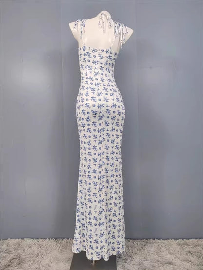 Export Pure Desire Exquisite Print Spaghetti Straps Slimming Adult Lady like Woman Fishtail Stylish Fashion Sexy Banquet Tied Dress
