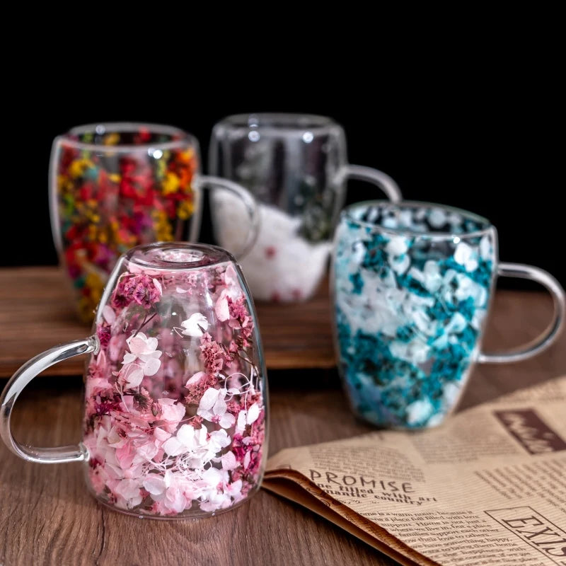 4 pieces of aesthetic dried flower double-layer glass coffee cups, cute tea cups with handles, heat-resistant and durable