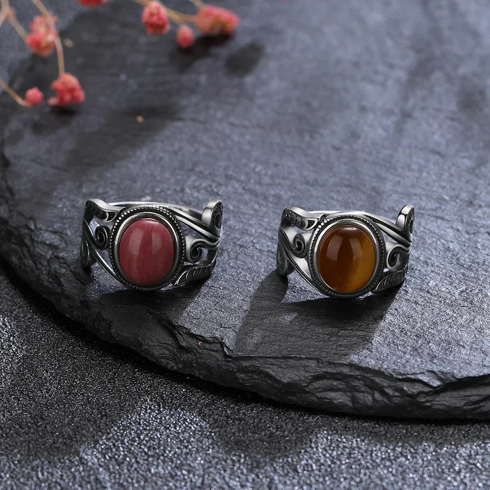 Natural 8x10MM Rose Quartz  Rings Vintage S925 Silver Finger Ring for Women Gift Luxury Rhodochrosite Stone Jewelry
