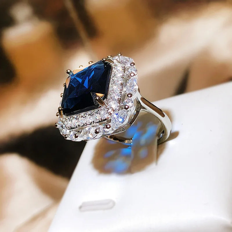 925 Silver New Luxury Set Princess Square Diamond Opening Ring Women's Fashion Tanzanite Sapphire Engagement Ring