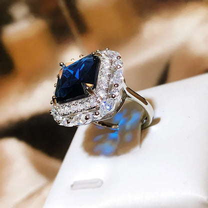 925 Silver New Luxury Set Princess Square Diamond Opening Ring Women's Fashion Tanzanite Sapphire Engagement Ring