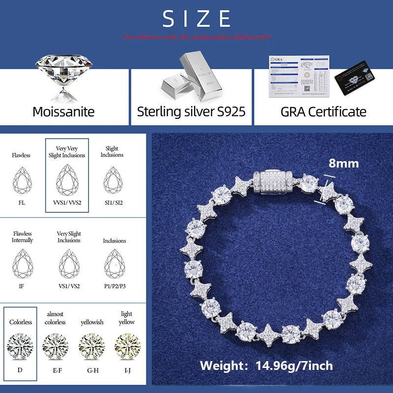 High Quality Iced Out Moissanite Star Tennis Chain Bracelets for Women Men Solid 925 Sterling Silver Fine Unisex Jewelry Gifts