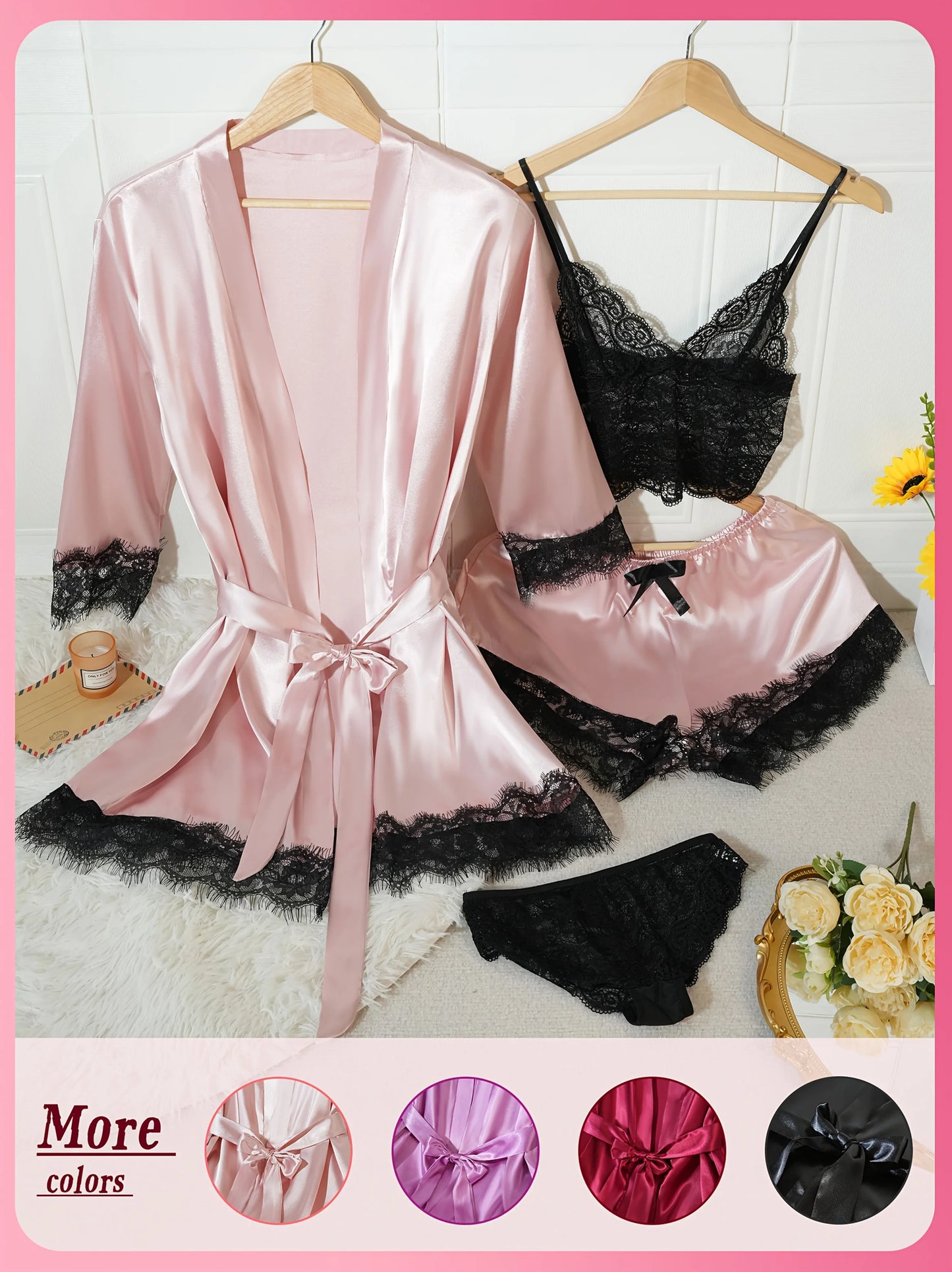 4Pcs Women Satin Pajama Set Robe Lace Lingerie Sexy Silk Nightwear