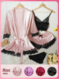 4Pcs Women Satin Pajama Set Robe Lace Lingerie Sexy Silk Nightwear