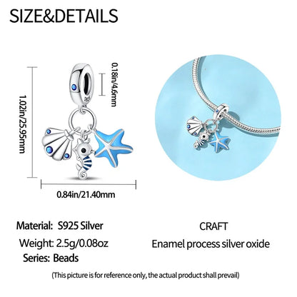 Blue Series 925 Sterling Silver Turtle,Whale & Seahorse Dangle Charm Fits Bracelet Kids Ocean Jewelry Accessories
