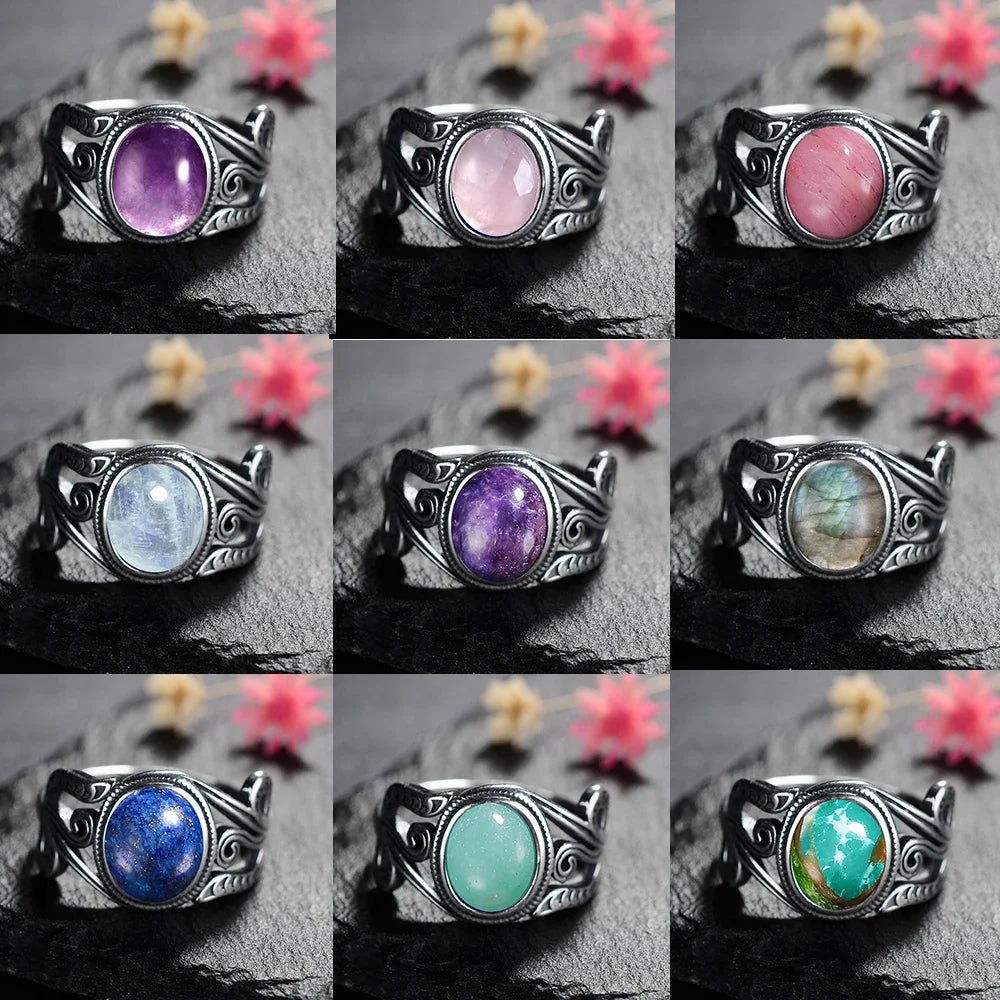 Natural 8x10MM Rose Quartz  Rings Vintage S925 Silver Finger Ring for Women Gift Luxury Rhodochrosite Stone Jewelry