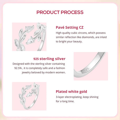 WOSTU 925 Sterling Silver Leaves Open Ring With Zircon For Women's Dating Daily Parties Fine Jewelry Gifts Dainty Trendy Jewelry