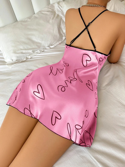Heart Letter Print Spaghetti Strap Women's Sleepwear