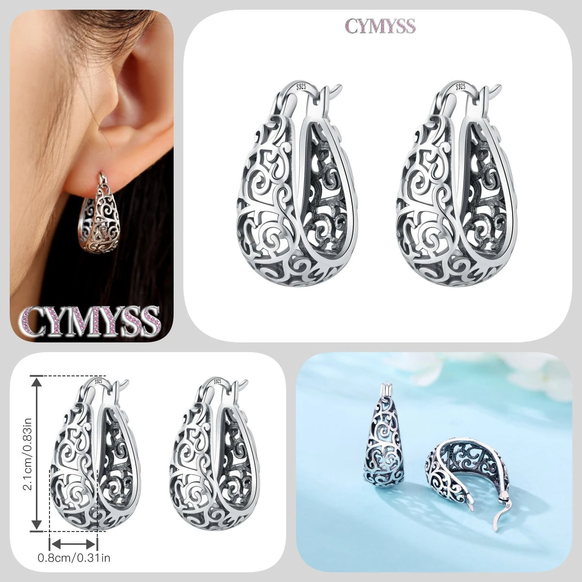 CYMYSS 2025 New 925 Sterling Silver Classic Hollow-out Versatile Hoop Earrings for Women Fine Jewelry Ideal Birthday Party Gifts