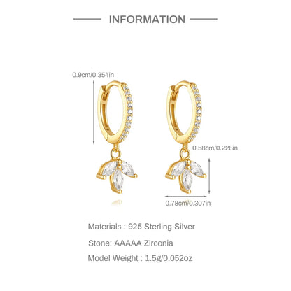 ROXI 925 Sterling Silver luxury leaf Design zircon Charms hoop earrings for women Shiny Zircon Wedding Party jewelry gift plata