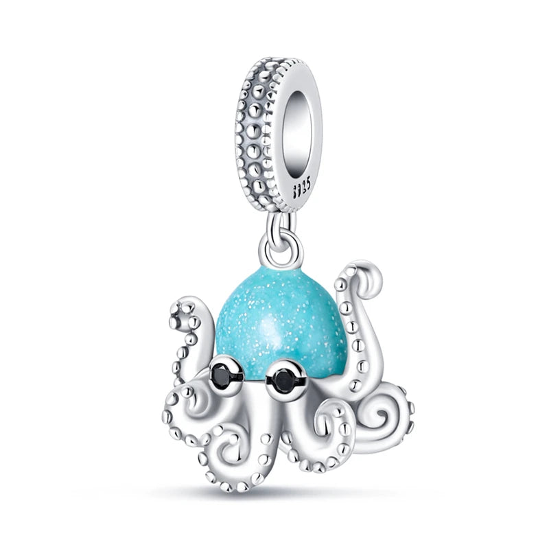 Blue Series 925 Sterling Silver Turtle,Whale & Seahorse Dangle Charm Fits Bracelet Kids Ocean Jewelry Accessories