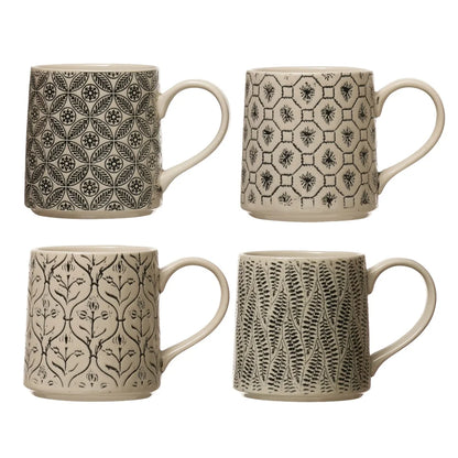Set of 4 Artistic Stoneware Mugs Hand-Stamped Intricate Embossed Pattern