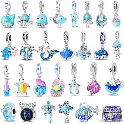 Blue Series 925 Sterling Silver Turtle,Whale & Seahorse Dangle Charm Fits Bracelet Kids Ocean Jewelry Accessories