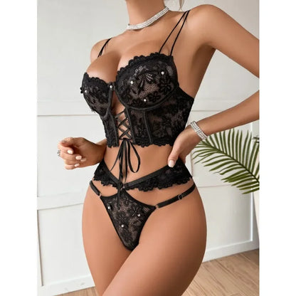 Sexy Beaded 3D Flower Hollow Out See-through Lace Up Underwear Set