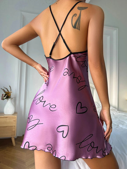 Heart Letter Print Spaghetti Strap Women's Sleepwear
